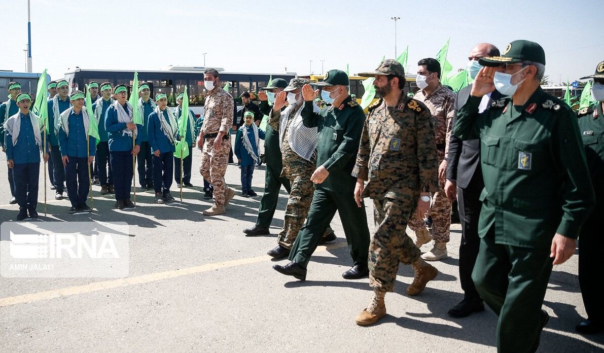 IRGC commanders reviewing a large military event in Tehran on May 20, 2022