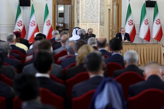 Iranian Foreign Minister Abbas Araghchi during a meeting with foreign envoys in Tehran on October 5, 2025