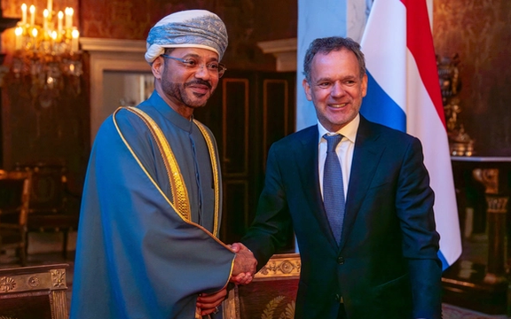 Dutch Foreign Minister Caspar Veldkamp (right) shakes hands with Omani Foreign Minister Badr al-Busaidi during a meeting in the Netherlands, April 15, 2025.