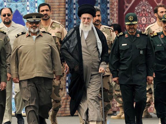 Iranian Supreme Leader Ali Khamenei (2nd left) and a group of Revolutionary Guards commanders during an event in Tehran