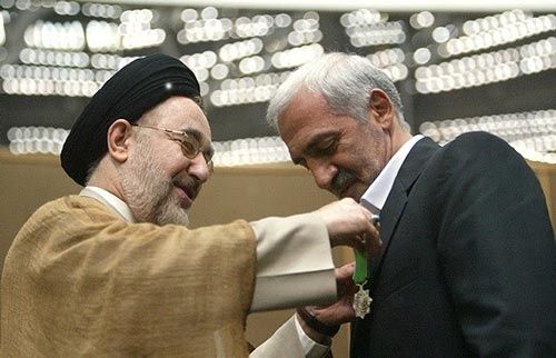 Former President of Iran’s Football Federation Mohammad Dadkan receiving a medal from former president Mohammad Khatami  (undated)