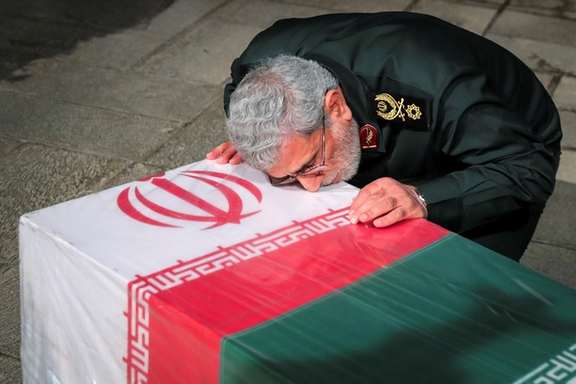 Brig. Gen. Esmail Qaani, the head of IRGC's Quds Force, attends the funeral of Razi Mousavi, who was killed in an Israeli air strike in Syria. December 28, 2023.