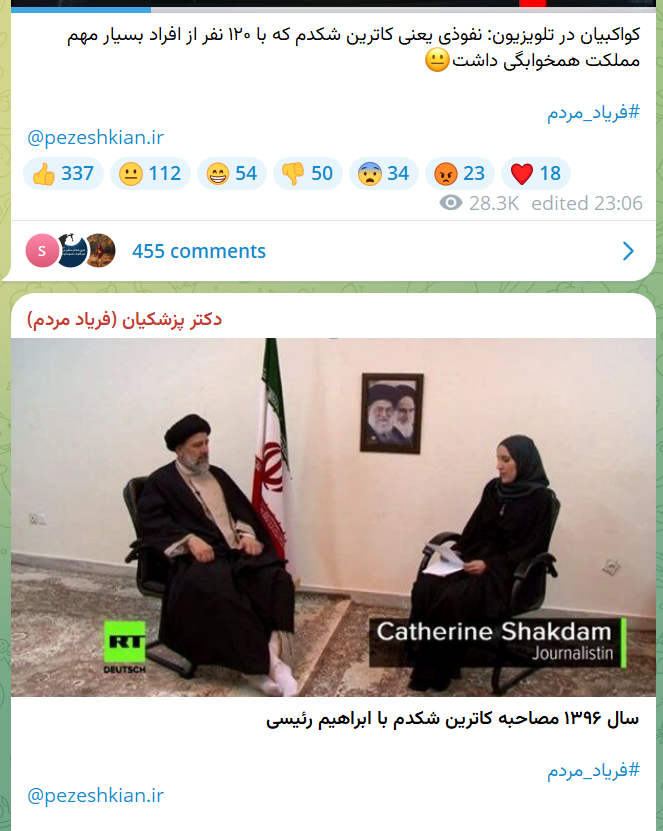 فعالان مجازی اصولگرا، از انتشار تصویر دیدار ابراهیم رئیسی با کاترین شکدم در کانال تلگرامی حامیان مسعود پزشکیان، بلافاصله پس از اظهارات کواکبیان راجع به همخوابگی شکدم با مقامات جمهوری اسلامی آشفته شدند. 