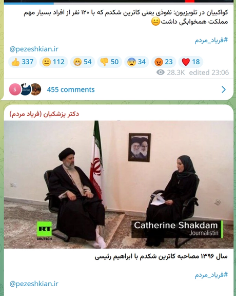 فعالان مجازی اصولگرا، از انتشار تصویر دیدار ابراهیم رئیسی با کاترین شکدم در کانال تلگرامی حامیان مسعود پزشکیان، بلافاصله پس از اظهارات کواکبیان راجع به همخوابگی شکدم با مقامات جمهوری اسلامی آشفته شدند.