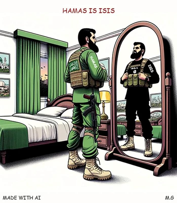 An artpiece pointing out the similarity of Hamas fighters to those of ISIS 