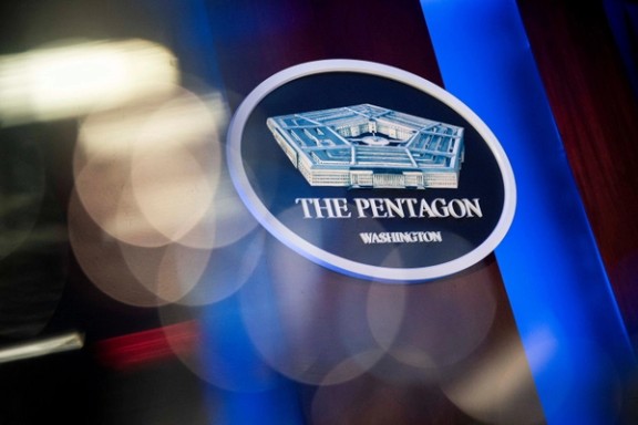The Pentagon logo is seen behind the podium in the briefing room at the Pentagon in Arlington, Virginia, US.