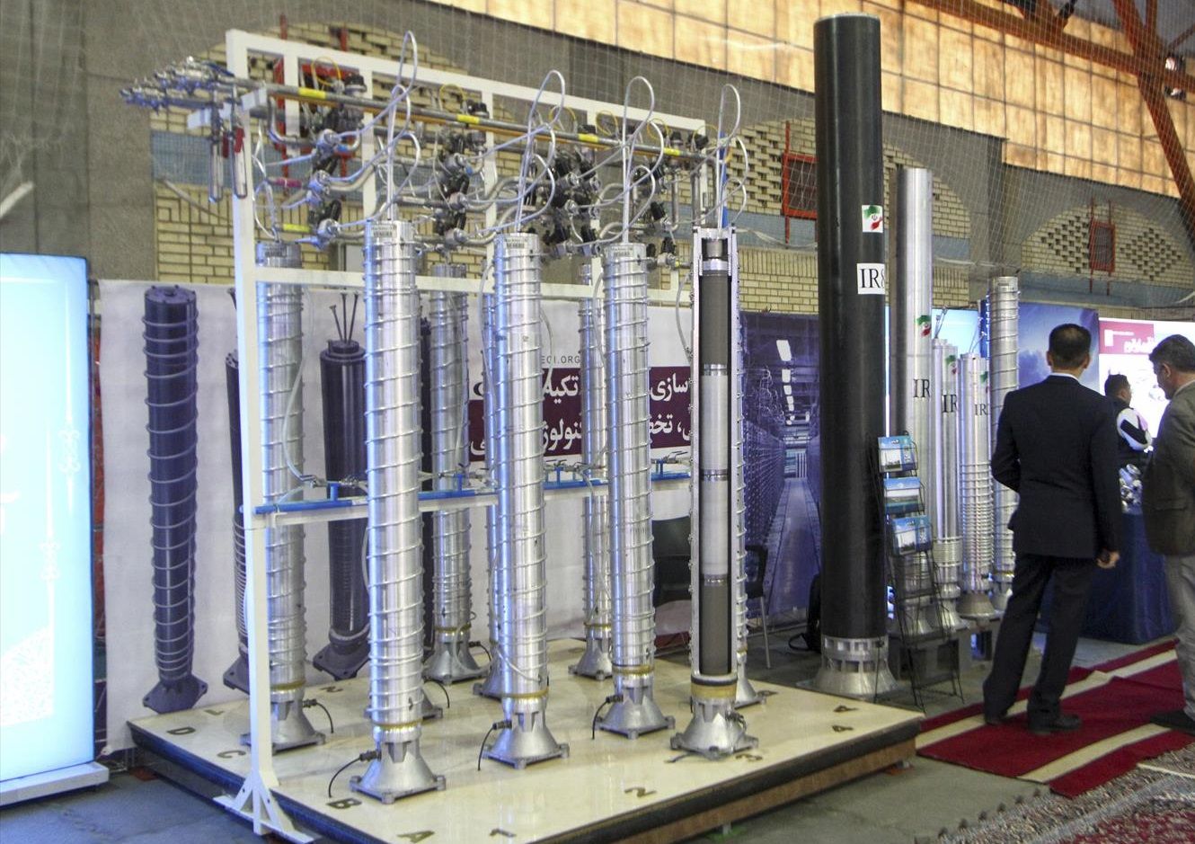 A number of Iranian centrifuges on display during an expo in Shiraz, February 2024 