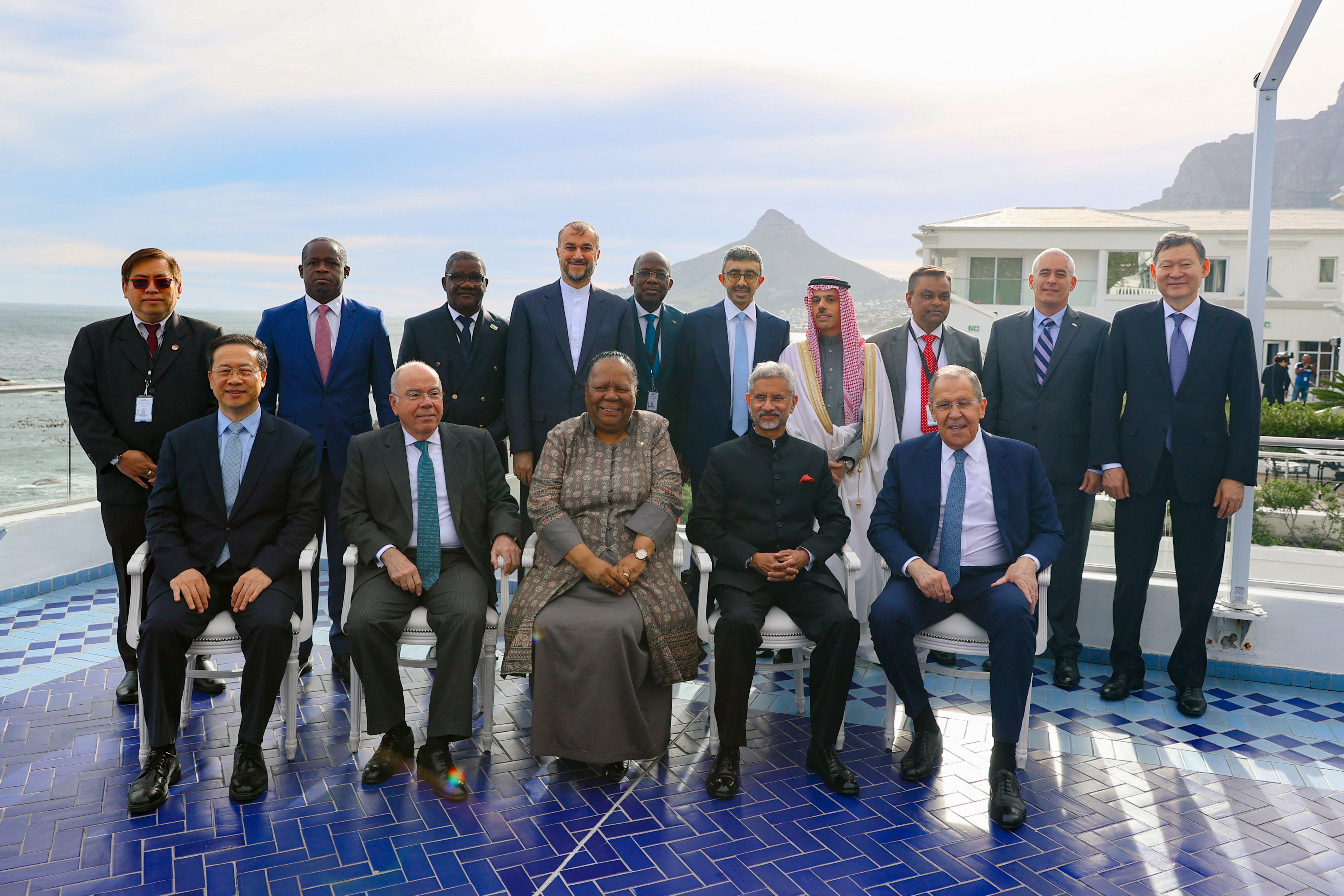 Foreign ministers of BRICS nations pose for a family photo with representatives from Africa and the global South during a summit in Cape Town, South Africa, June 2, 2023. 