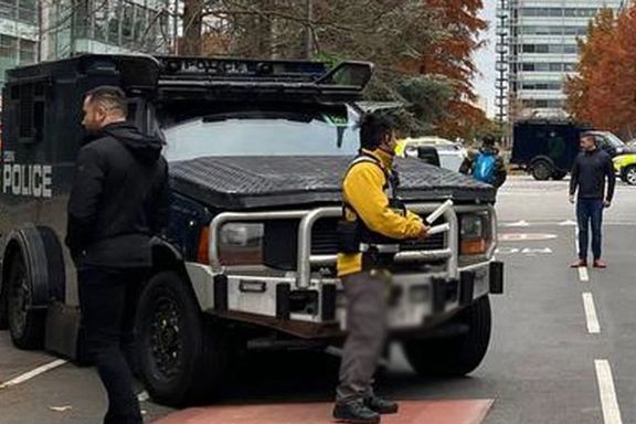 A special police vehicle guarding Iran International's headquarters in London in 2022
