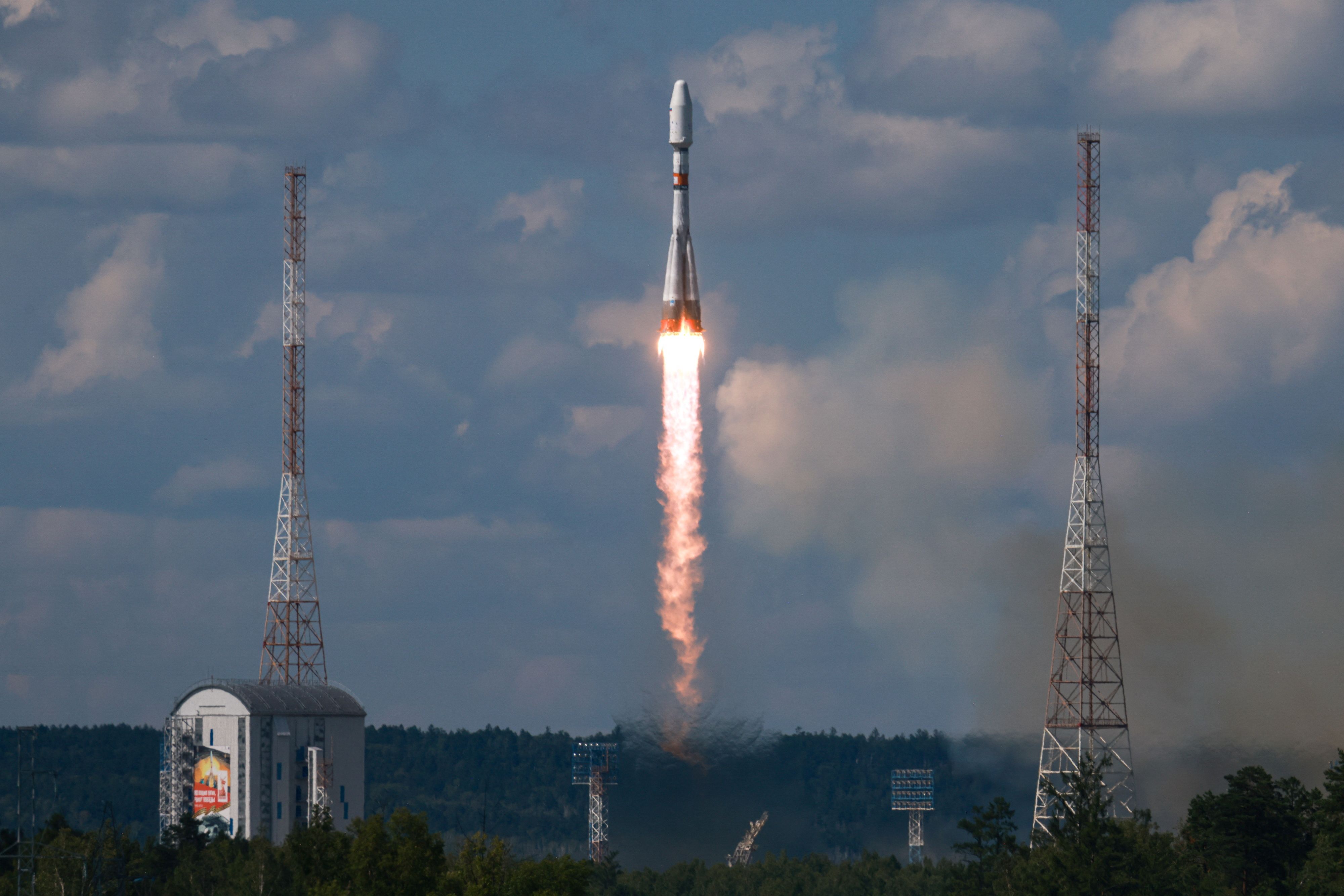 A Soyuz-2.1b rocket booster with a Fregat upper stage, carrying two Ionosfera-M satellites and 18 payloads, including Iran's Nahid-2 telecommunications satellite, blasts off from its launchpad at the Vostochny Cosmodrome in the far-eastern Amur region, Russia July 25, 2025.