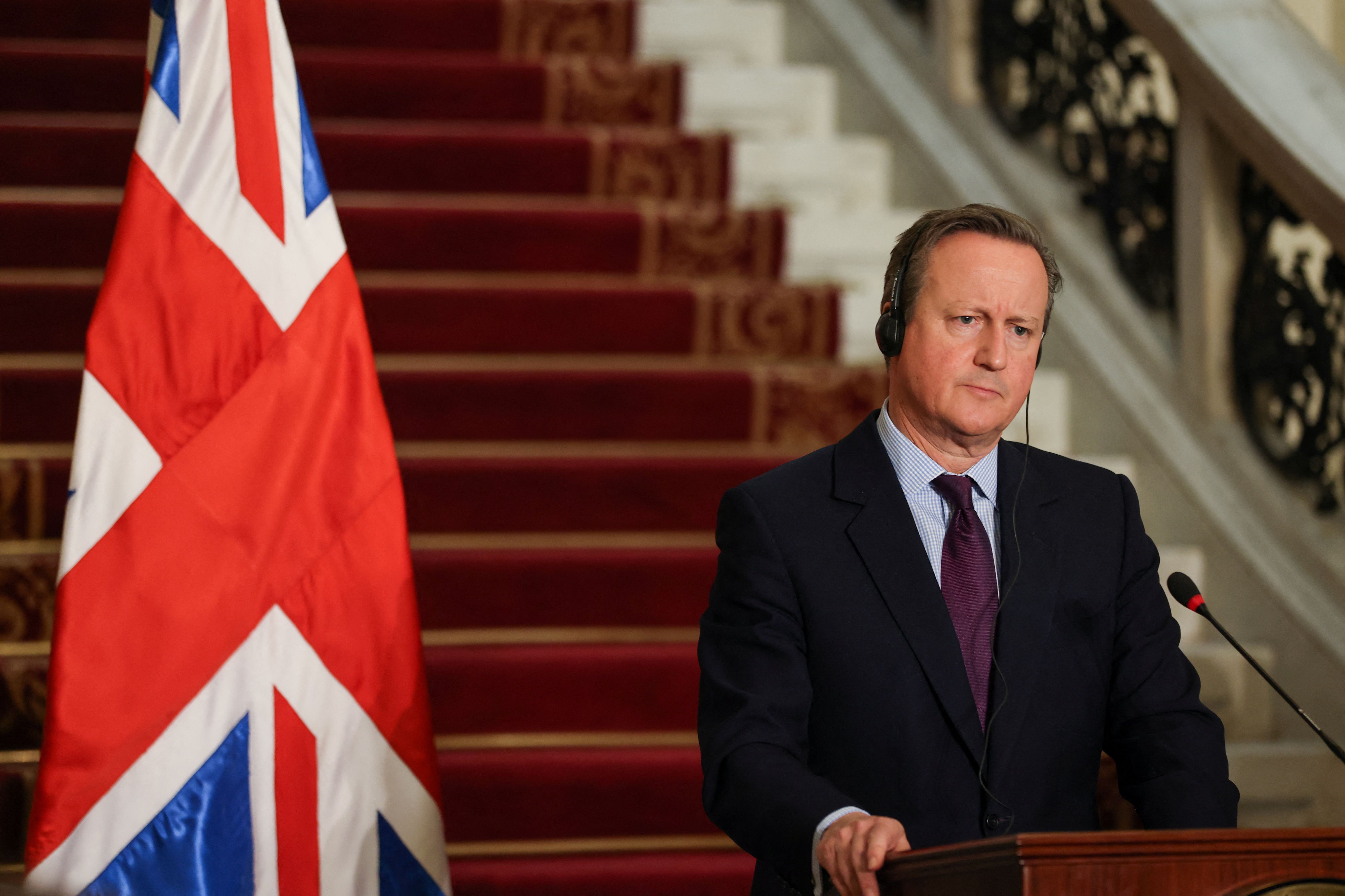 British Foreign Secretary David Cameron during a press conference, amid the ongoing conflict between Israel and the Palestinian Islamist group Hamas, in Cairo, Egypt, December 21, 2023.
