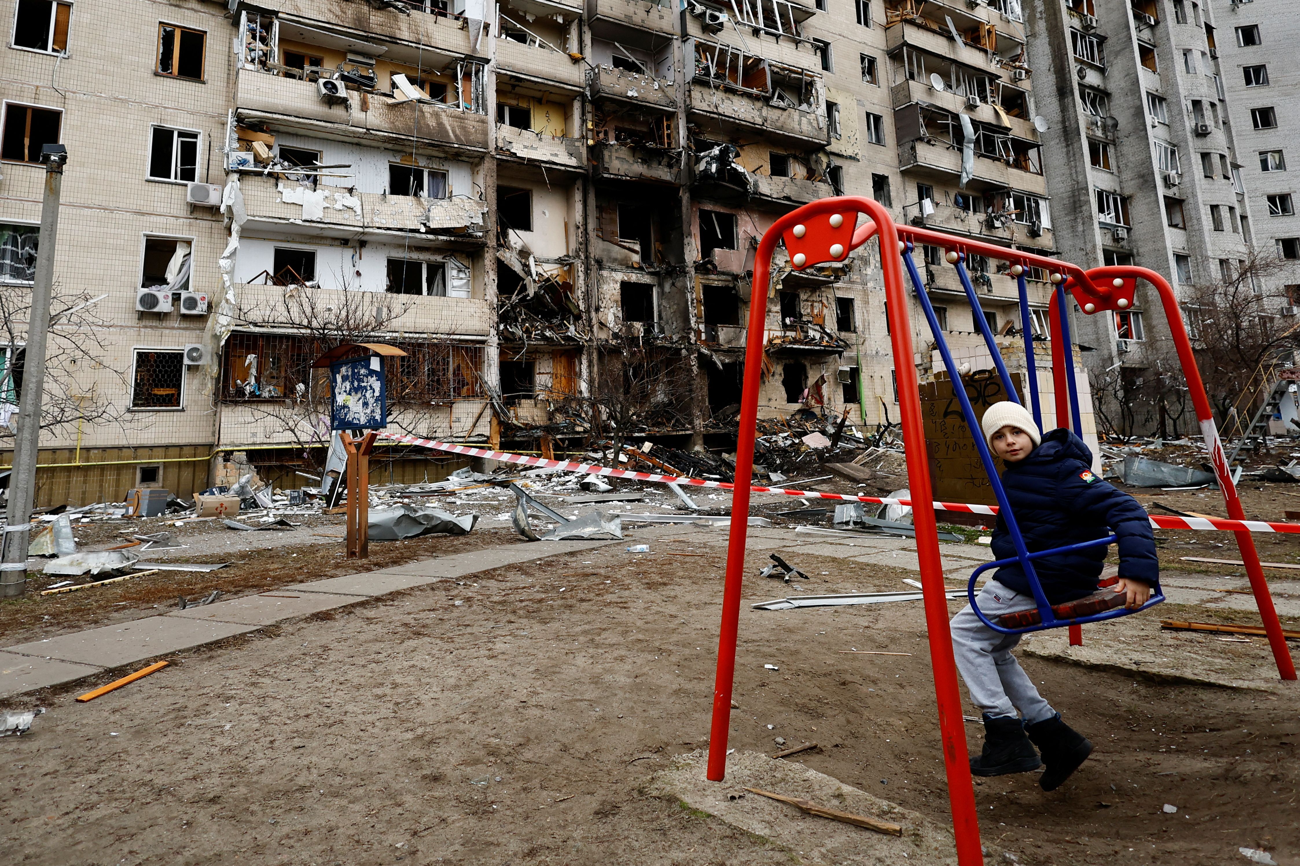 A burnt out apartment building in Ukraine. February 24, 2022