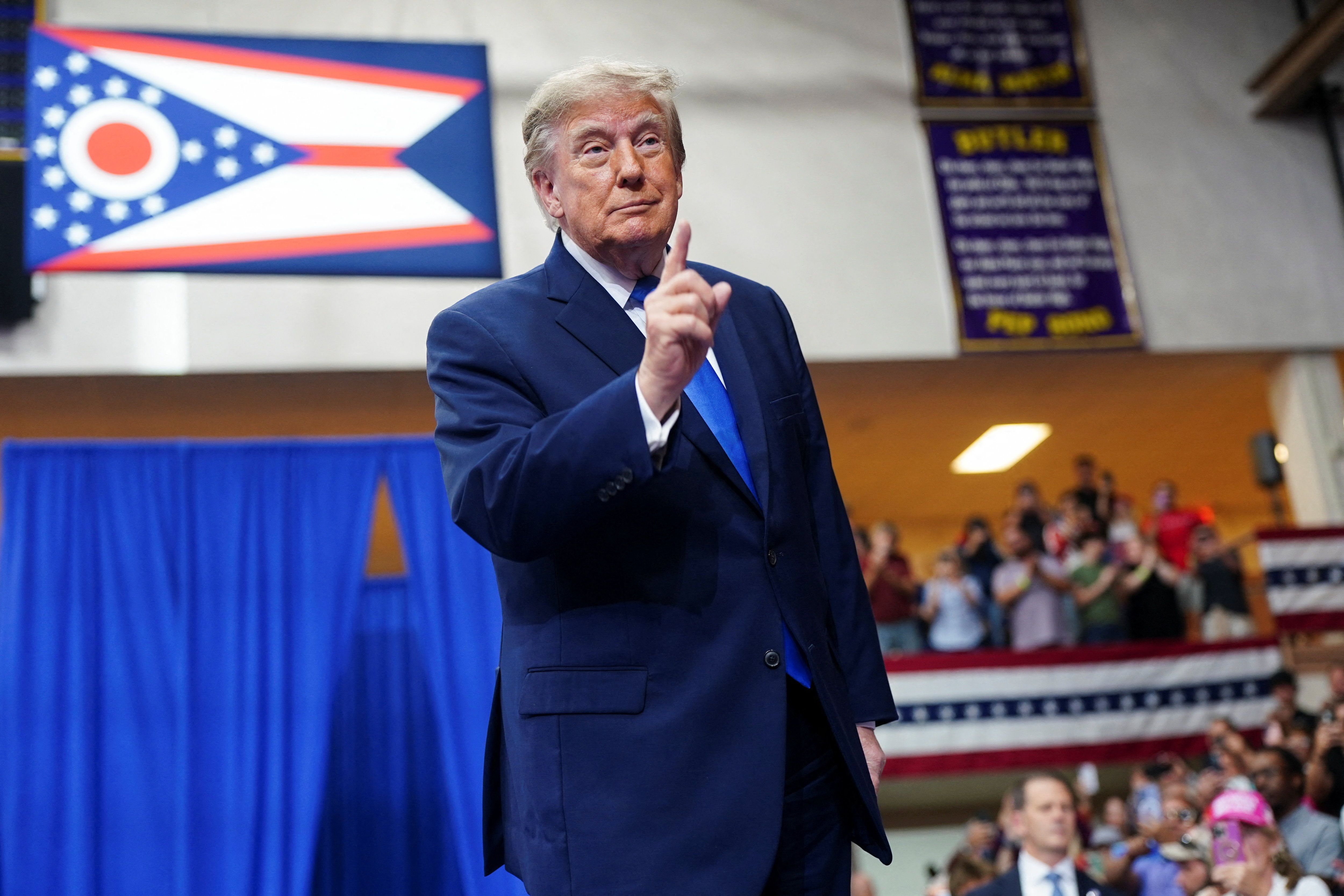 US President Donald Trump gestures during a rally at Butler High School in Vandalia, Ohio, US, October 3, 2026. 