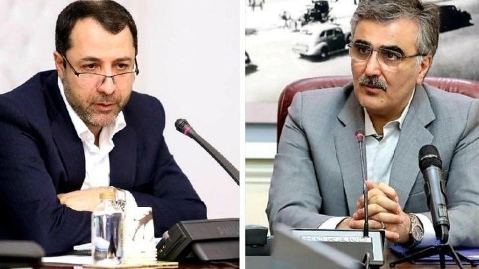 Former governor of the Central Bank of Iran Ali Salehabadi (left) and its new head Mohammad-Reza Farzin  (undated)