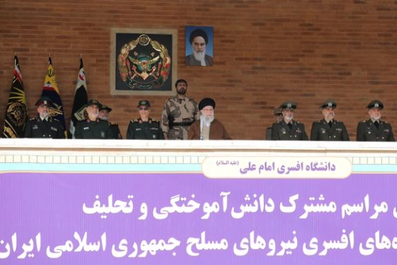 Iran’ Supreme Leader Ali Khamenei and top military commanders of the country during a military event in Tehran on October 10, 2023