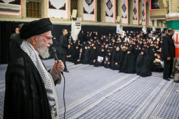 Iran’s Supreme Leader Ali Khamenei during a ceremony marking the 40th day after the deaths of Iranian military commanders and scientists killed during a recent 12-day conflict with Israel, Tehran, July 29, 2025