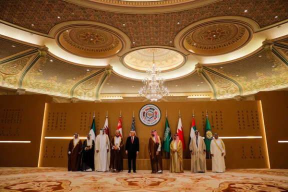 US President Donald Trump attends a group photo session with GCC leaders in Riyadh, Saudi Arabia, May 14, 2025.