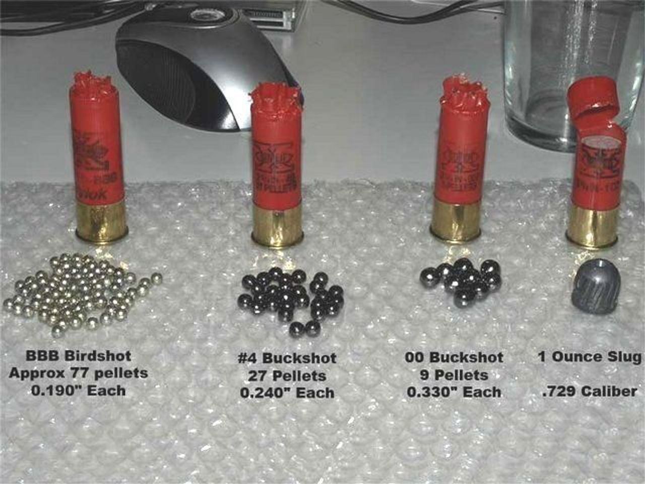 Different shotgun shells show the difference between small 'birdshot' pellets and larger projectiles