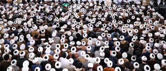 A group of Iranian clerics during a meeting with Supreme Leader Ali Khamenei (not seen) on July 12, 2023