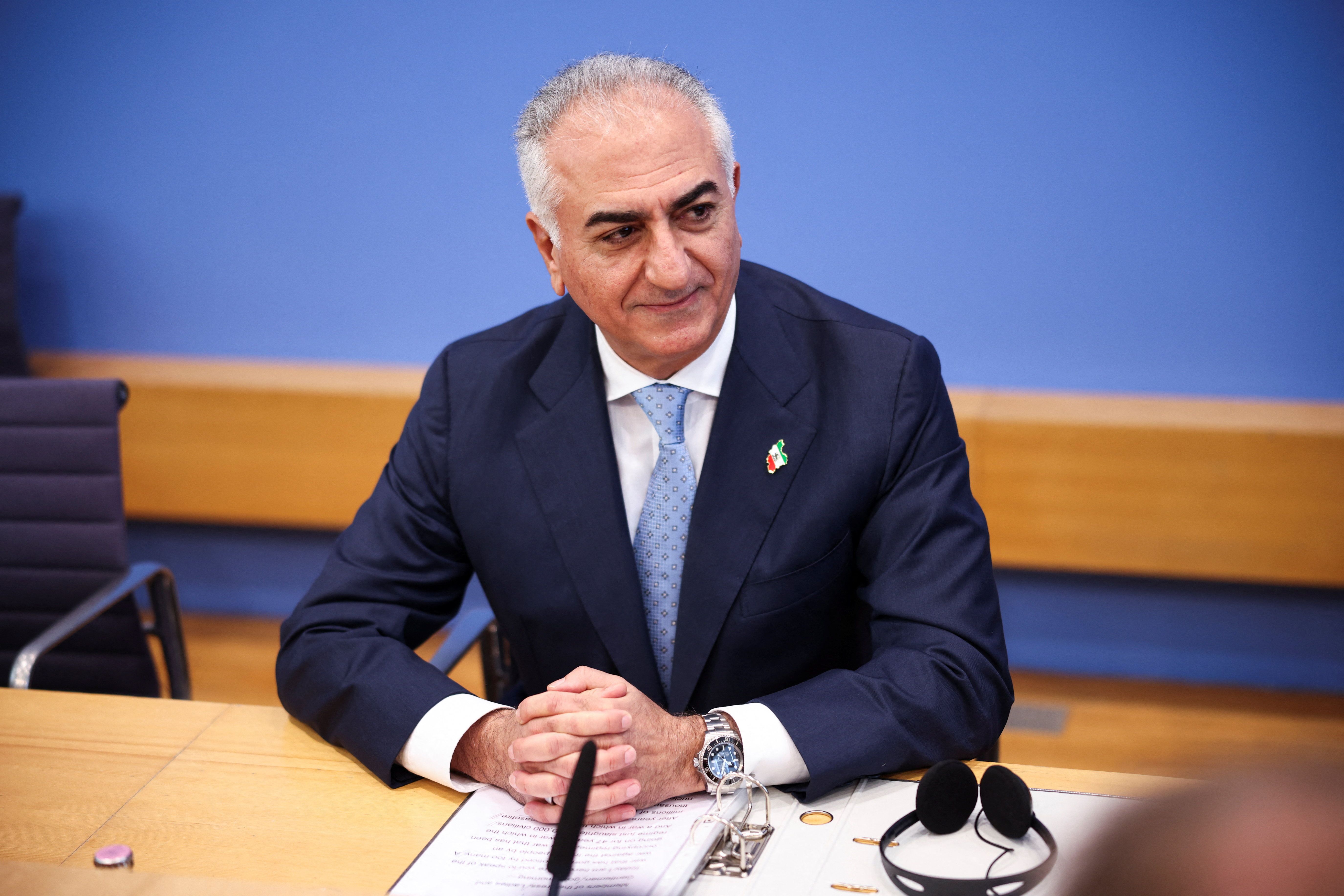 Iran’s Prince Reza Pahlavi gestures as he speaks during a press conference at the House of the Bundespressekonferenz in Berlin, Germany, on April 23, 2026.