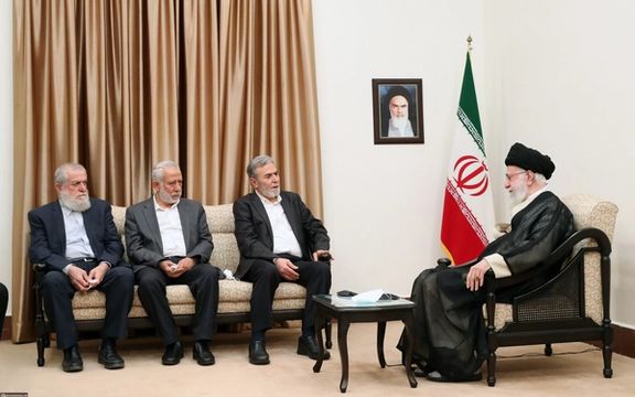 Secretary-General of the Palestinian Islamic Jihad resistance movement Ziad al-Nakhaleh (3rd from right) meets with Iran’s Supreme Leader Ali Khamenei in Tehran on June 14, 2023.