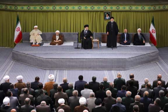 Iran’s ruler Ali Khamenei (center) and top Iranian officials during a meeting in Tehran, February 8, 2024