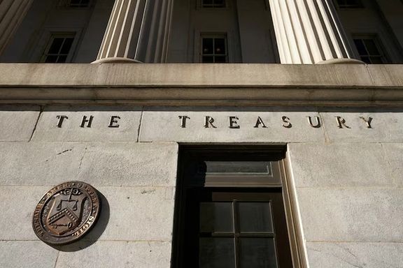 A view shows a bronze seal beside a door at the US Treasury building in Washington, US, January 20, 2023.