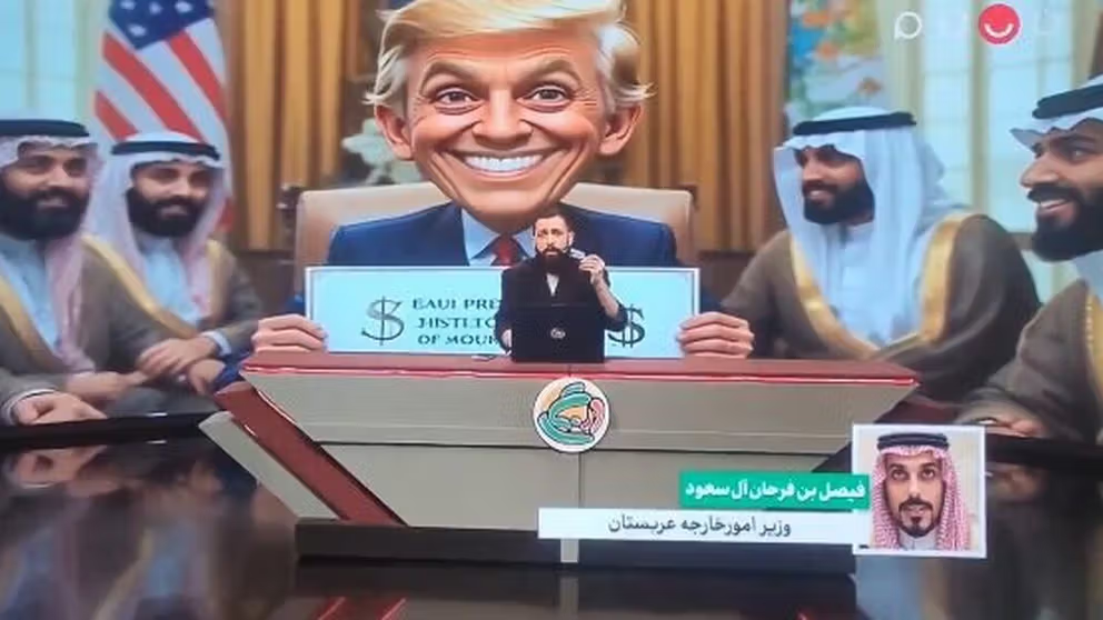 A screengrab from a program mocking Saudi Arabia’s foreign minister on Iran's state TV. (Undated)