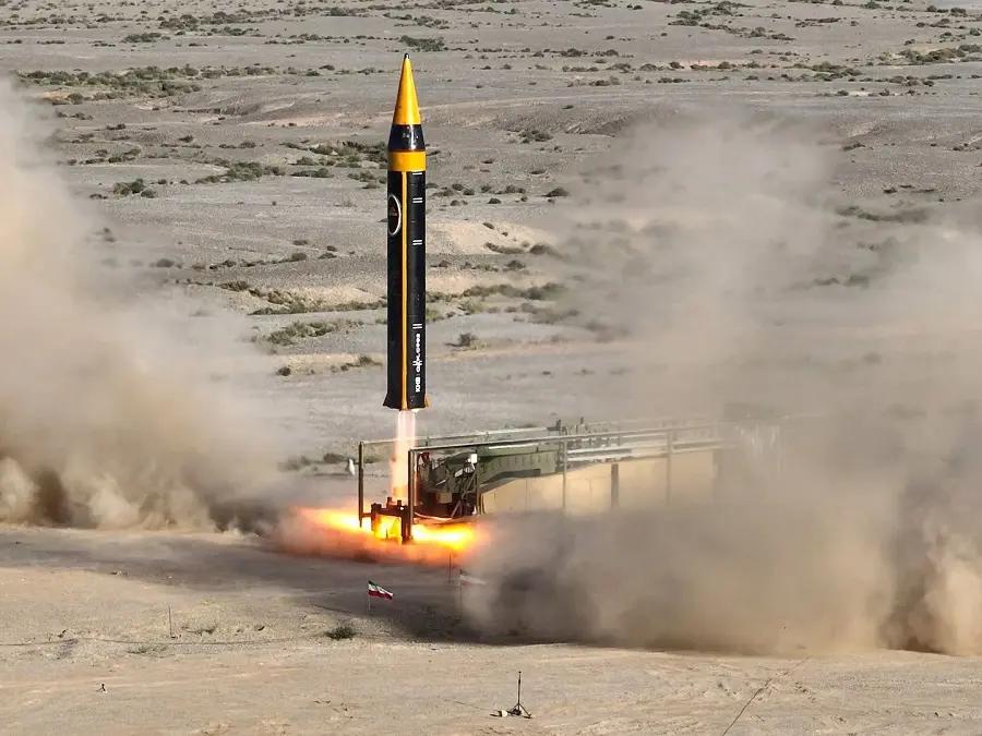 A new surface-to-surface 4th generation Khorramshahr ballistic missile called Kheibar with a range of 2,000 km is launched at an undisclosed location in Iran, in this picture obtained on May 25, 2023