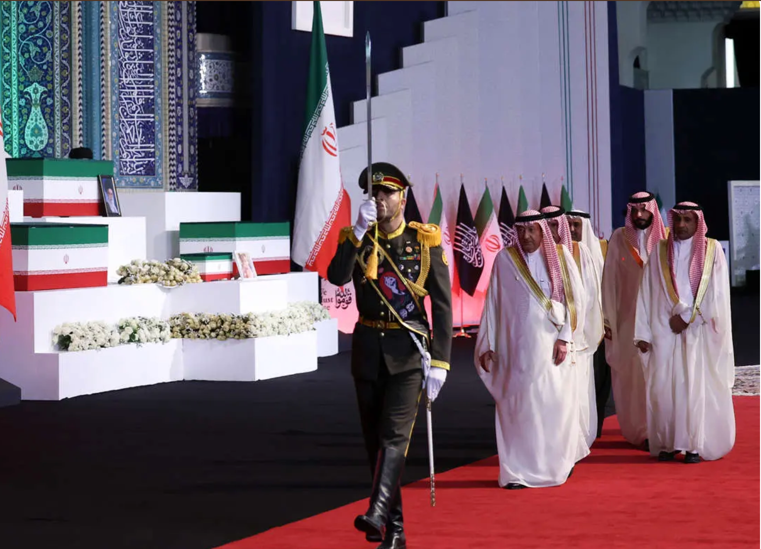 Saudi Arabia's delegation paying their respects to Iran's slain leader, Ali Khamenei, at Tehran's Mosalla, July 3, 2026.