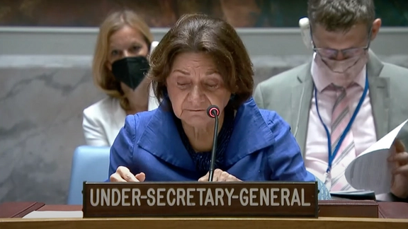 UN Under-Secretary-General for Political and Peacebuilding Affairs Rosemary DiCarlo addressing the Security Council on July 1, 2022