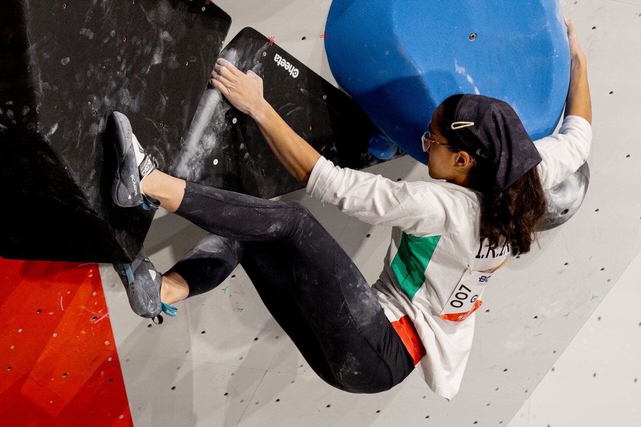 Iranian climber Sarina Ghaffari competes at the 2026 Asian Games in Aichi-Nagoya, Japan.