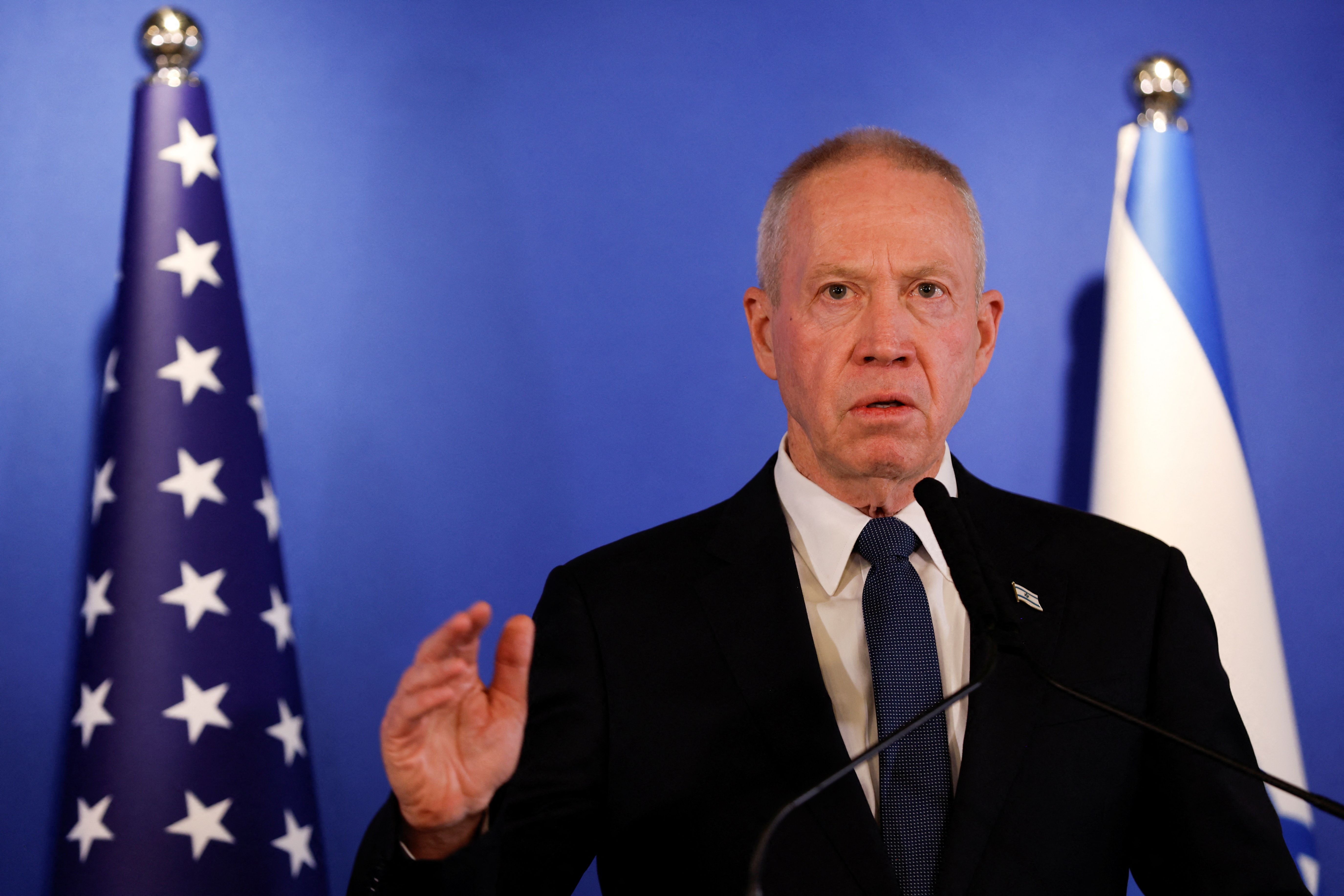 Israeli Defence Minister Yoav Gallant attends a news conference with U.S. Secretary of Defense Lloyd Austin at Ben Gurion Airport in Lod, Israel, March 9, 2023.