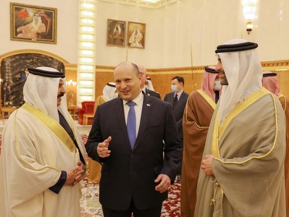 Bahrain's King Hamad bin Isa al-Khalifa receives Israeli Prime Minister Naftali Bennett at Sakhir Palace, Bahrain, February, 15, 2022.