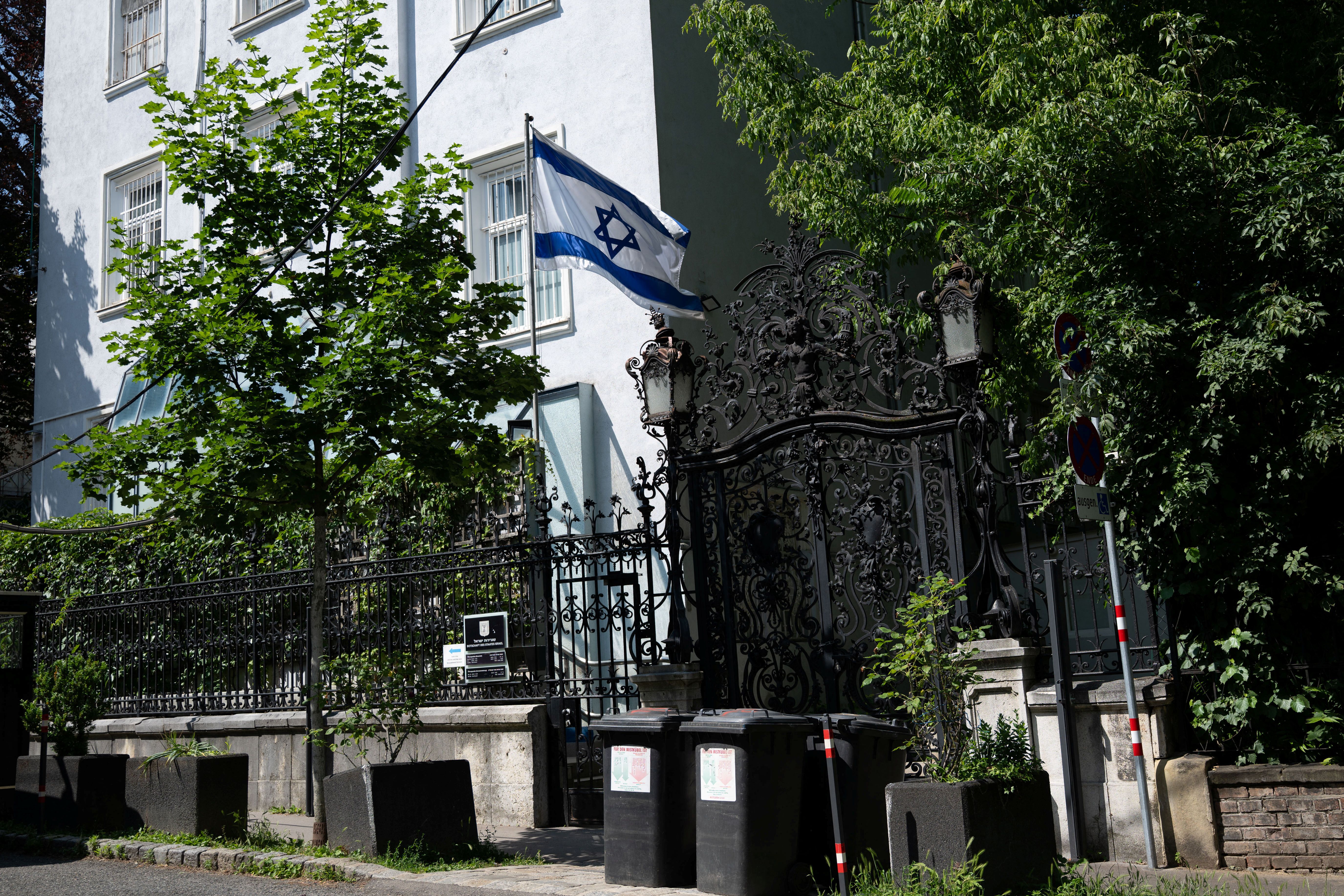 An Israeli flag flutters at their embassy in Vienna, Austria, June 13, 2025.