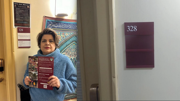 Human rights activist Lawdan Bazargan outside Mohammad Jafar Mahallati’s office in Oberlin College’s religion department before and after his ouster