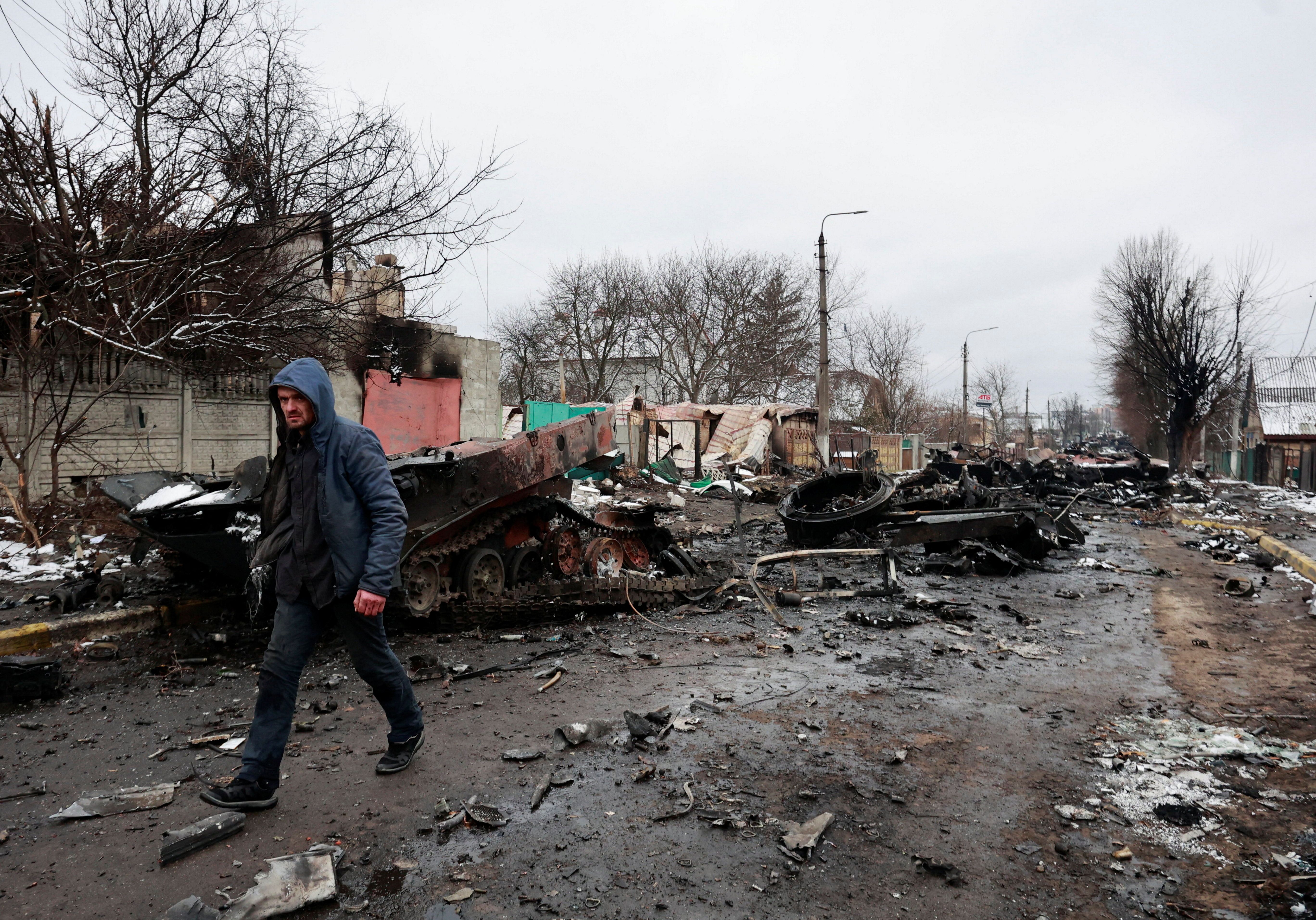 A Russian armored column destroyed in Ukraine in March 2022