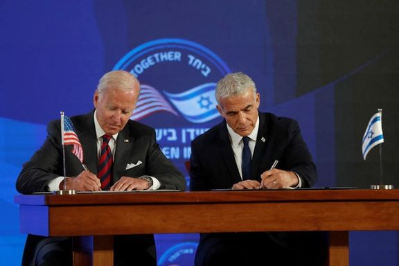 President Joe Biden and Israeli PM Yair Lapid inking their Joint Declaration on July 14, 2022