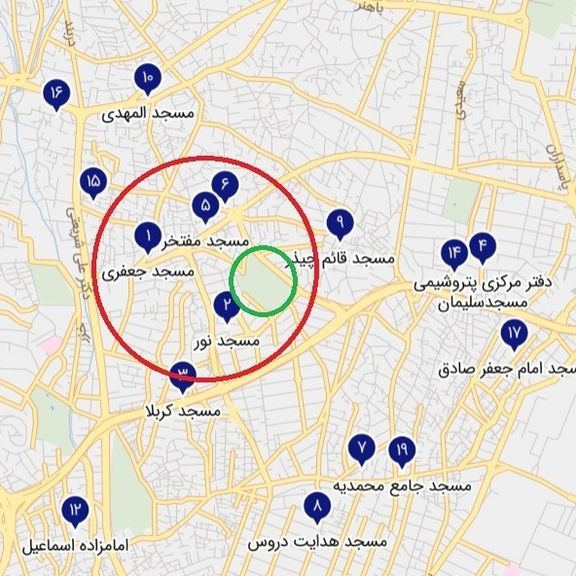 The green circle shows Qeytarieh Park and the blue pins show the mosques in the area (file)