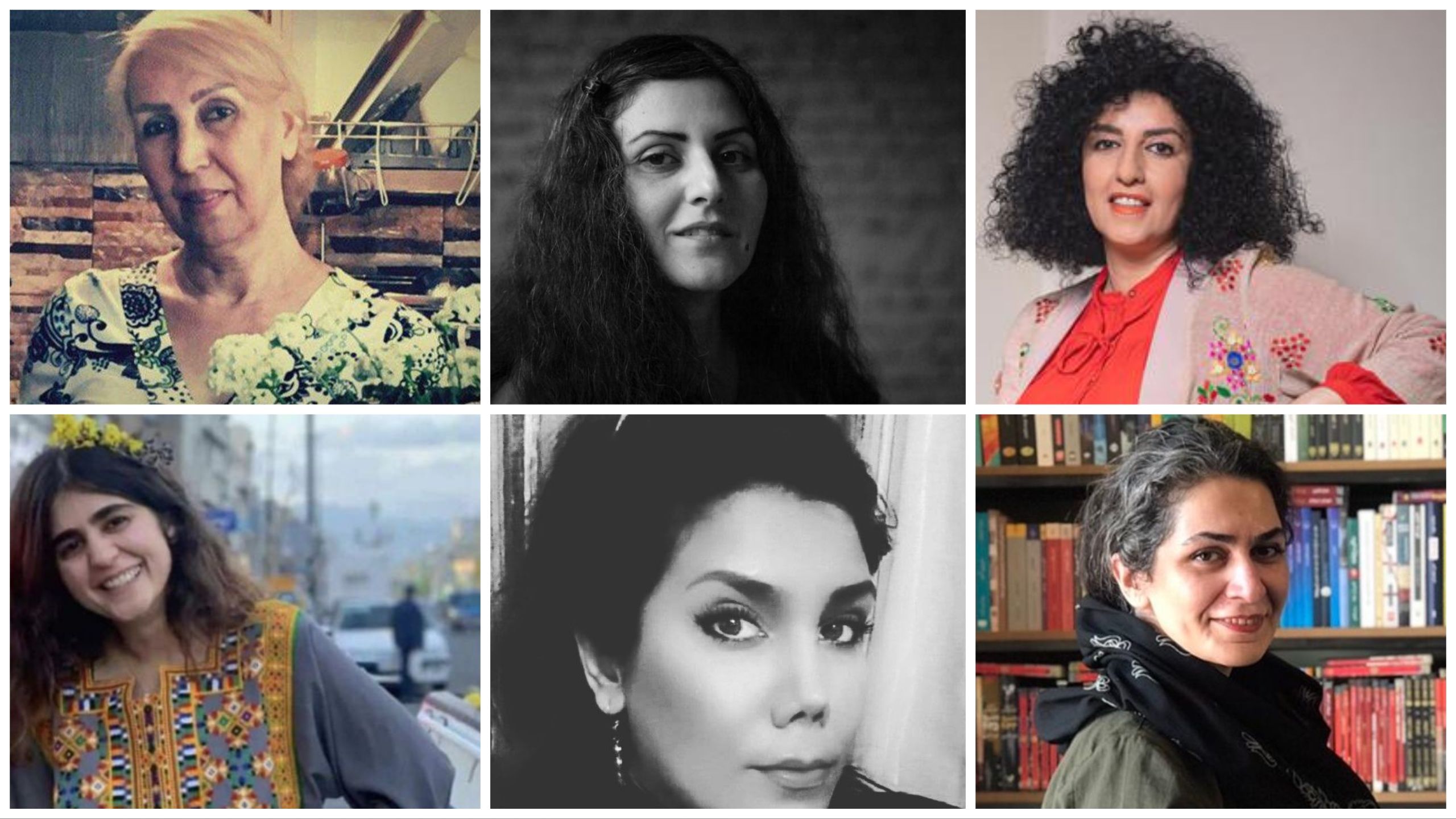 Imprisoned human rights activists (clockwise) Nasrin Javadi, Golrokh Iraee, Narges Mohammadi, Bahareh Hedayat, Zohreh Sarv, and Sepideh Gholian  (undated)