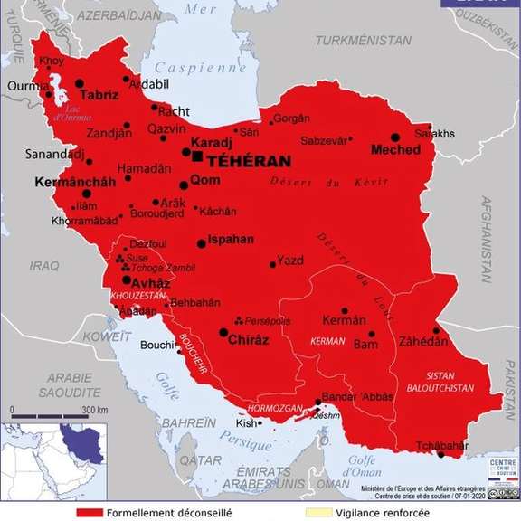 The map of Iran on the travel advisory guide of the France’s foreign ministry that formally advises French nationals, as well as dual nationals, against travelling to Iran
