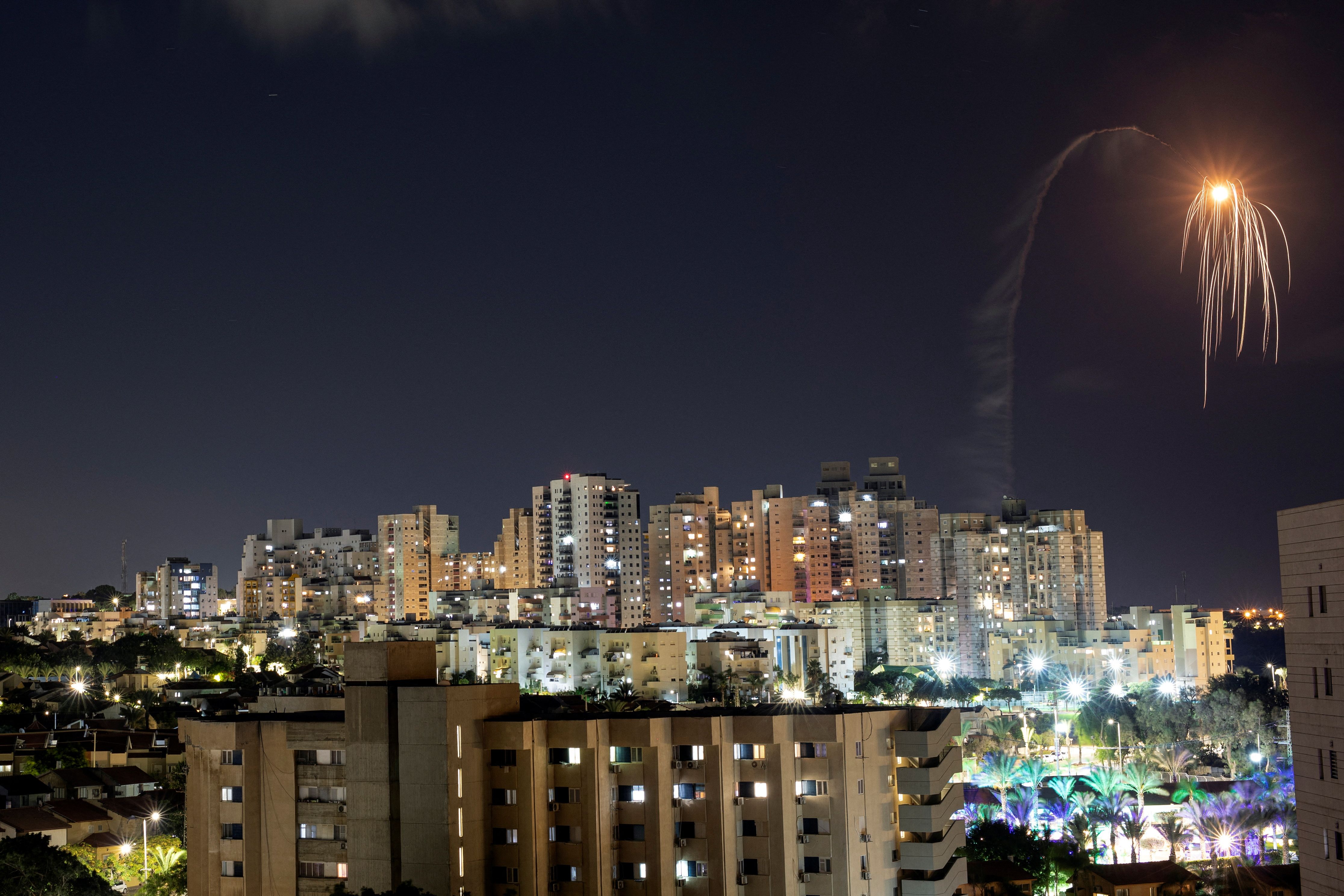 Israel's Iron Dome anti-missile system intercepts a rocket launched from the Gaza Strip, as seen from Ashkelon, in southern Israel, October 20, 2023. 
