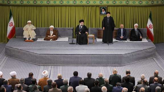Iran’s Supreme Leader Ali Khamenei (center) and senior Iranian officials during a meeting in Tehran on February 8, 2024