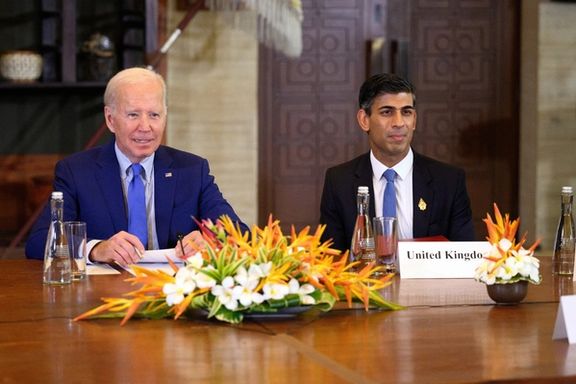 US President Joe Biden and British Prime Minister Rishi Sunak attend an emergency meeting of leaders at the G20 summit following the overnight missile strike by a Russian-made rocket on Poland, November 16, 2022 in Bali, Indonesia.