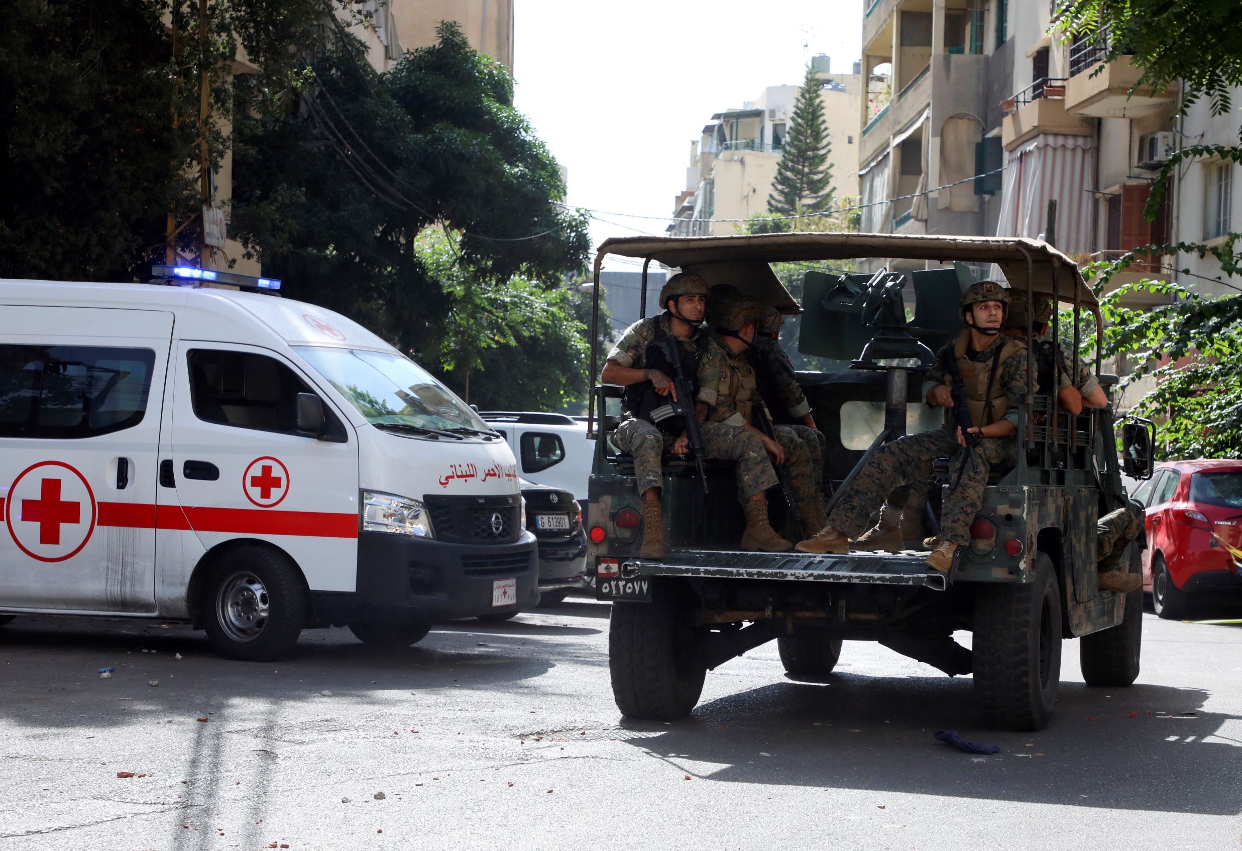 Lebanese soldiers on patrol as Hezbollah protest starts in Beirut. October 14, 2021