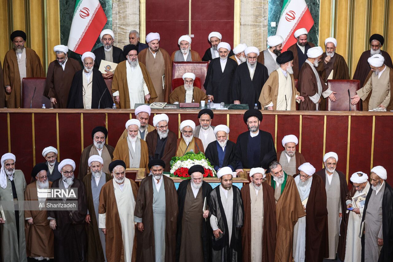 Members of Iran’s Assembly of Experts posing for a group photo in Tehran on March 6, 2024 