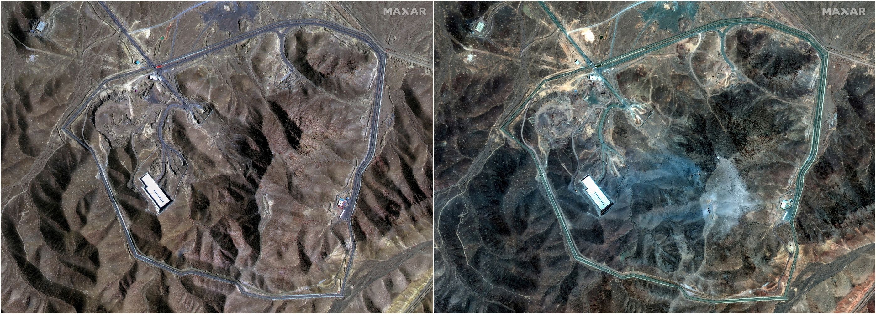 A combination picture shows satellite images over Fordow underground complex, before and after the US struck the underground nuclear facility, near Qom, Iran, June 20, 2025 (L) and June 22, 2025. 