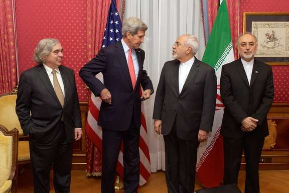 (From left) Former US Secretary of Energy Ernest Moniz, former US Secretary of State John Kerry, former Iranian Foreign Minister Mohammad Javad Zarif and Ali Akbar Salehi, former head of Iran’s Atomic Energy Organization