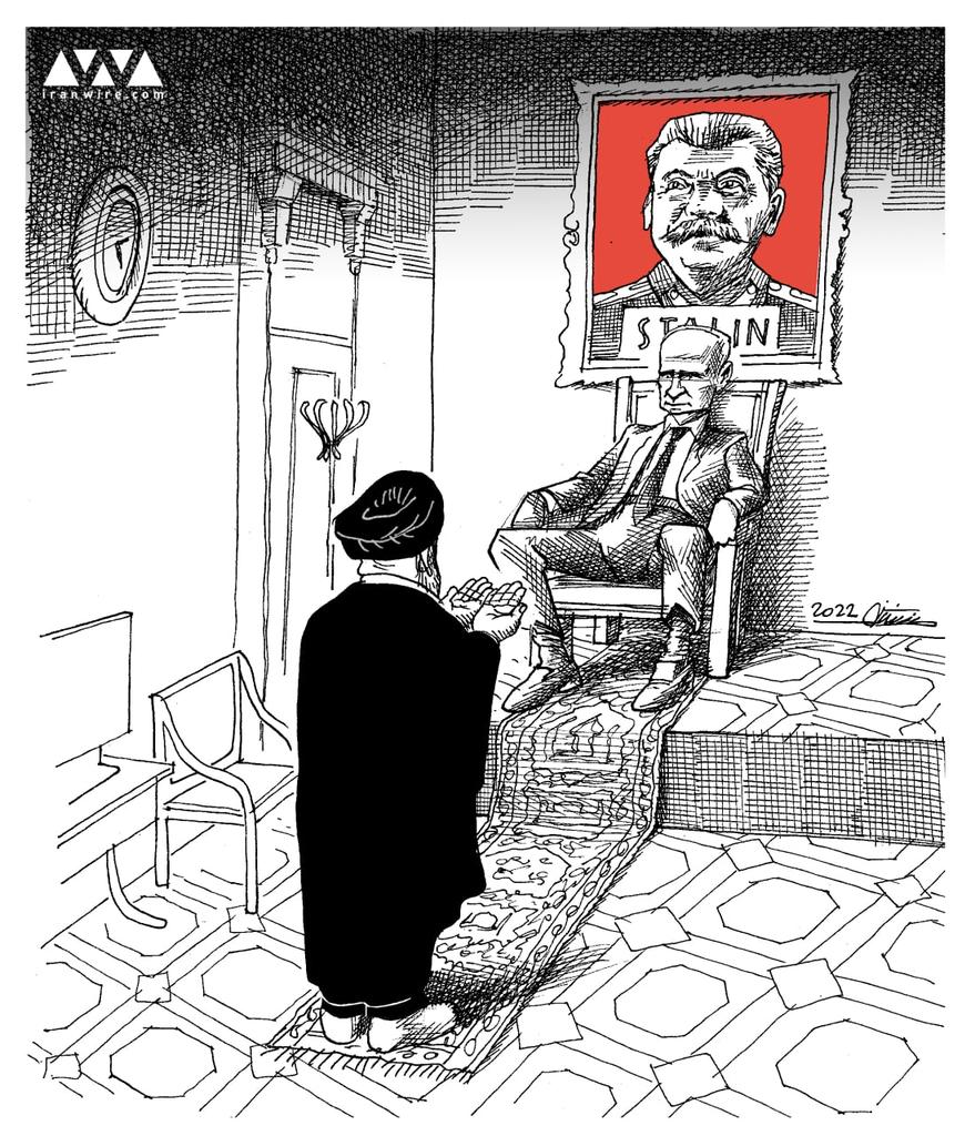 Drawing by an Iranian cartoonist showing Raisi praying in the Kremlin.