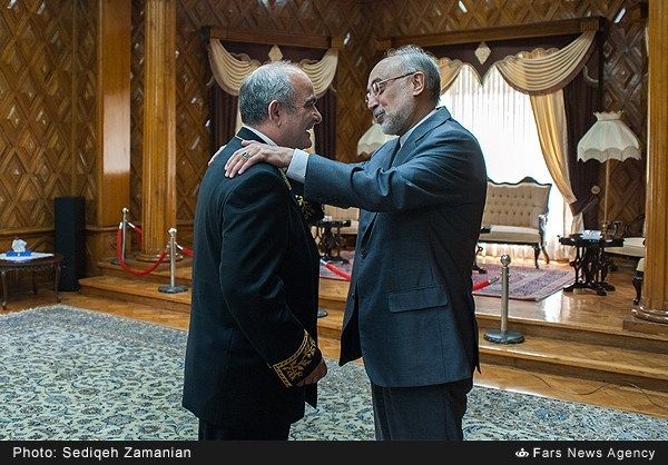 Ali Akbar Salehi, the former head of the Atomic Energy Organization of Iran and a former foreign minister (right)